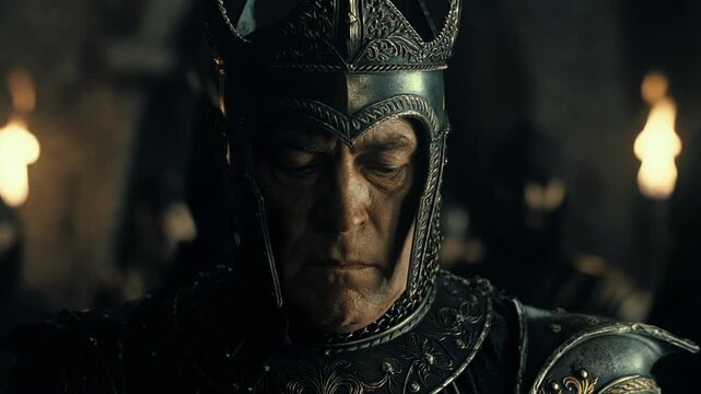 Armored warrior in detailed metal helm in cinematic style against dark torchlit hall, concept of strength and duty