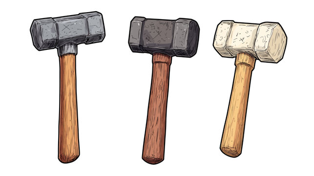 Three illustrated sledgehammers with wooden handles, each with a different color metal head