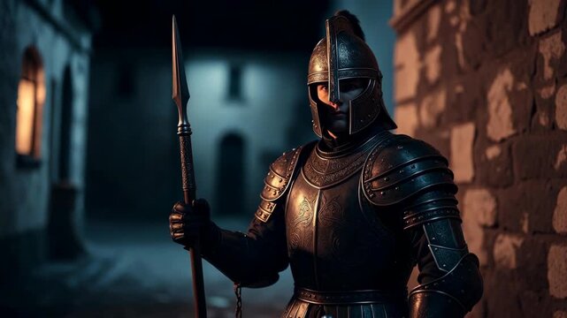 Medieval armored guard with spear in realistic style on dark alley background symbolizing security and vigilance