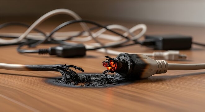 Charred Extension Cord on Floor with Burn Damage and Electrical Failure Indicating Serious Fire Hazard Situation