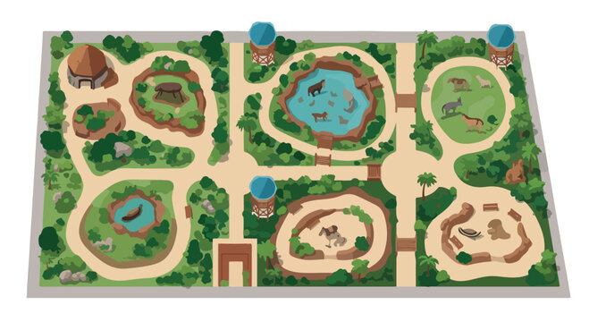 Isometric zoo map vector illustration, wildlife park layout with animal enclosures and walking paths, safari park bird's eye view infographic isolated PNG with Transparent Background
