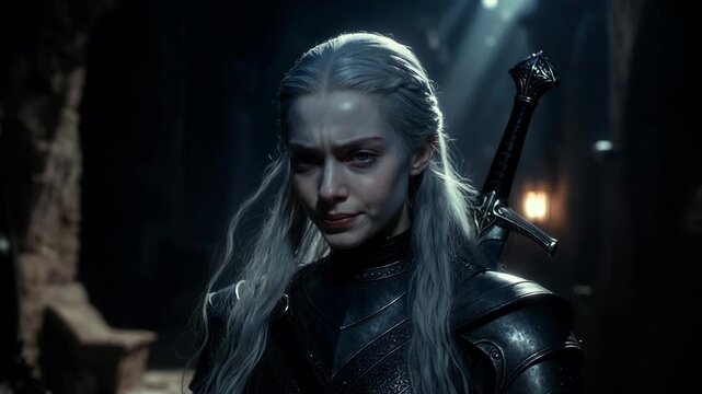 Female warrior in detailed armor, realistic style, standing in a dark cavern, concept of strength and resolve