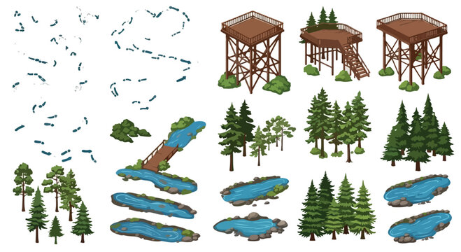 Isometric forest landscape kit with wooden watchtowers, pine trees and blue lakes. National park map creator vector set. Wilderness environment elements. isolated PNG with Transparent Background