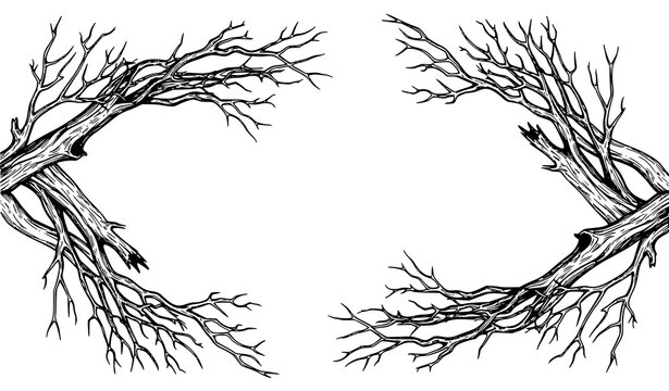Realistic Eerie Dead Tree Frame with Asymmetrical Branch Border in Detailed Line Art Vector Illustration
