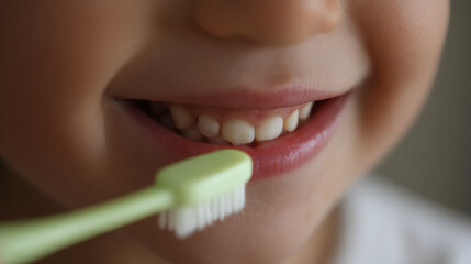 Fototapeta premium Close-up of a child's mouth brushing teeth with a green toothbrush, showing healthy primary teeth and a happy, bright expression