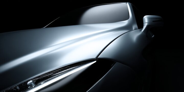 Close-Up of Elegant Car Body in Dim Light with Smooth Curves and Reflective Surface, Highlighting Modern Design Elements and Glossy Finish
