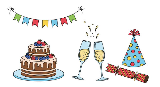 Celebration party elements including two tier chocolate cake with berries, champagne glasses, festive hat, cracker, and colorful flag bunting.