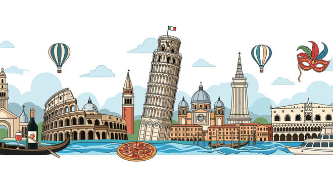 Italy travel collage with famous landmarks including colosseum, leaning tower of pisa, gondola, pizza, and carnival mask on blue water.
