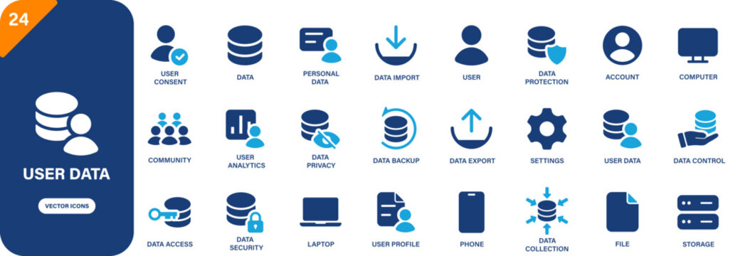 User data icon collection featuring data import, data export, security, user consent and user analytics symbols. Solid vector icons.