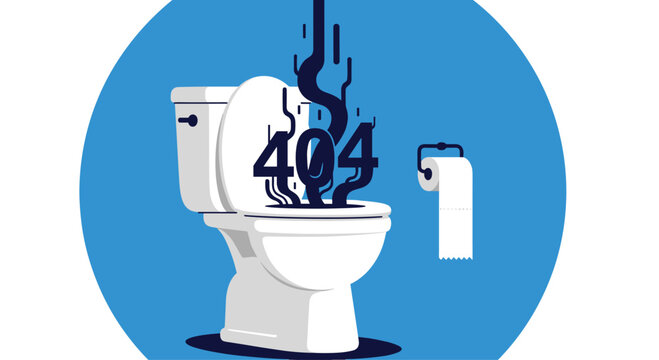 Humorous error 404 website page illustration showing a dark glitchy mass emerging from a white toilet bowl against a bright blue circle.