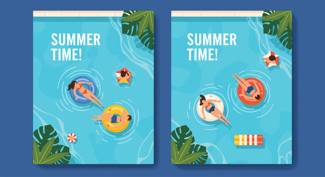 Relaxing summer posters showing people floating in a blue swimming pool on colorful inflatables with tropical palm leaves and clear water.