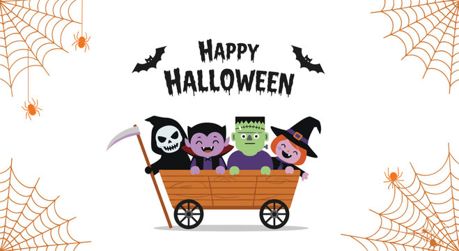 Spooky and cute Halloween illustration with monsters in a wooden wagon including a skeleton, vampire, frankenstein, and witch with spiders.