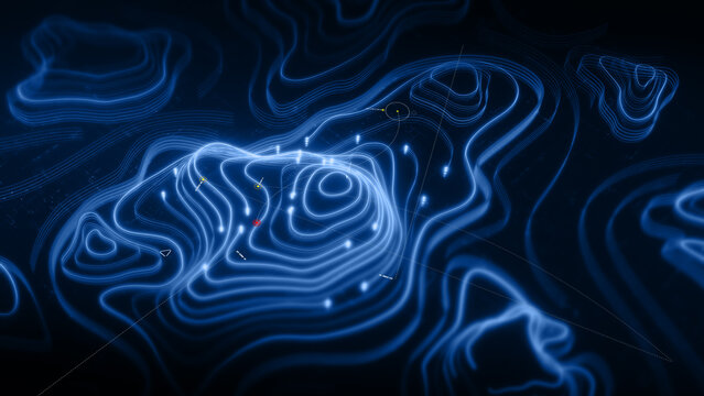 Futuristic holographic topographic environment featuring dynamic geomorphological terrain visualization, integrated into an advanced motion graphic user interface with a head-up display screen