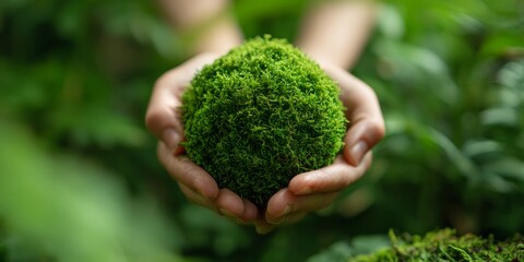 Hands Holding Lush Green Moss Sphere Surrounded by Nature in a Vibrant Forest Setting Displaying Eco-Friendly and Sustainable Practices