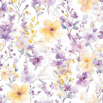 Collection of dreamy watercolor floral seamless patterns with cool pastel and blue tones