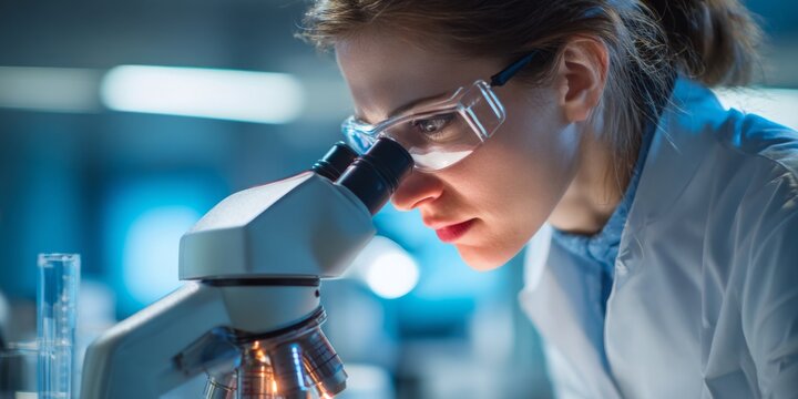 A focused scientist examines samples under a microscope in a modern laboratory, showcasing dedication to research and scientific discovery.