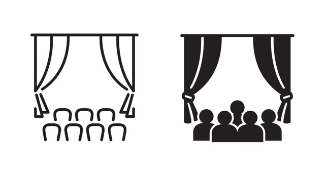 Stage curtains icon set with audience silhouettes and line art variations for theatre and performance events