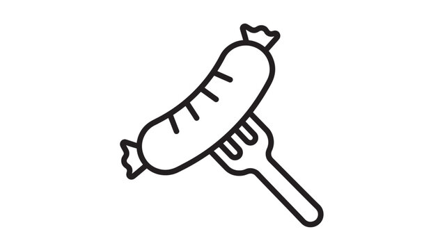 Sausage on a fork icon with simple outline drawing on a white background representing food and meals.