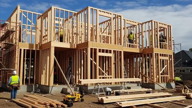 construction site with workers building wooden house frame