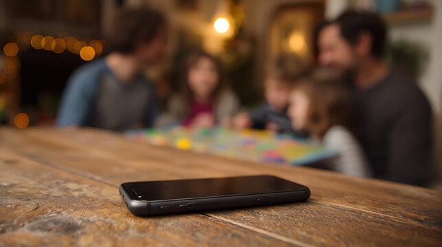 Smartphone rests on a rustic wooden table with a blurred family enjoy time together and play games in the warm background light