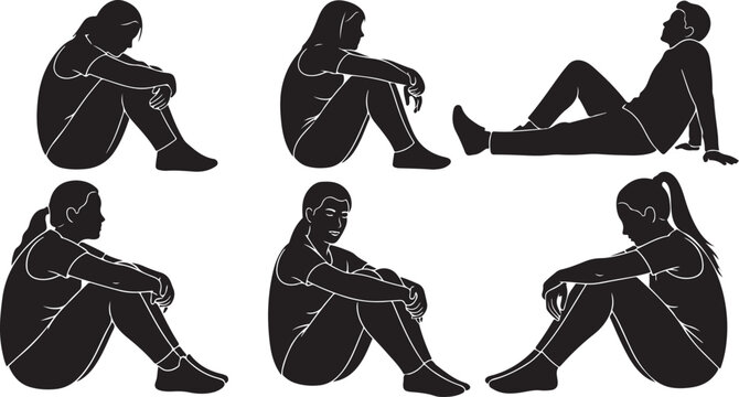Silhouettes of people sitting in various sad poses