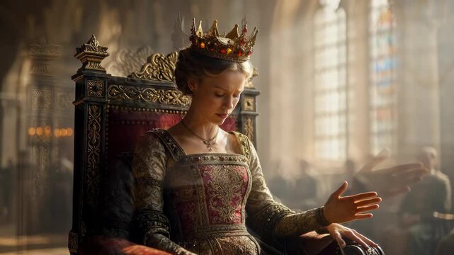 A medieval queen on a grand throne in realistic style with a sunlit hall background, conveying power and regal authority