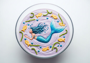 Fototapeta premium Whimsical Mermaid Fantasy Cake with Blue Tail and Under the Sea Decorations, Top View. Creative Dessert Art for Celebrations and Parties.