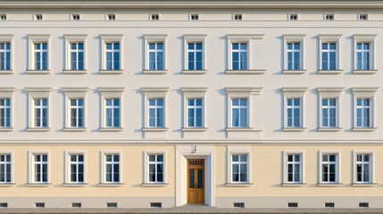 Fototapeta premium Classic Architectural Facade with Symmetrical Windows and Elegant Design in Soft Neutral Tones