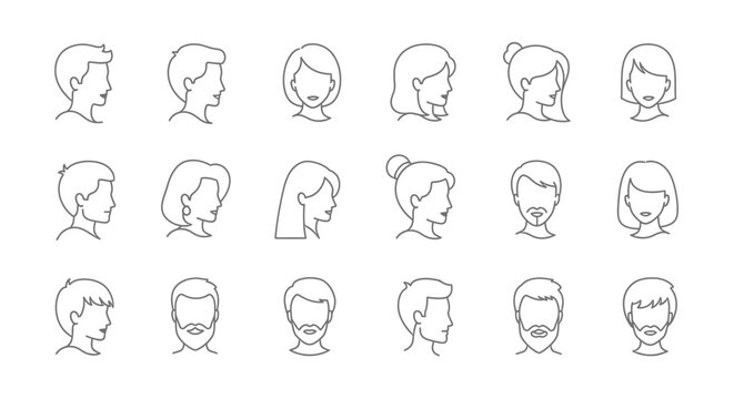 Diverse Human Face Icons - Profile Views, Men and Women, Minimalist Line Art