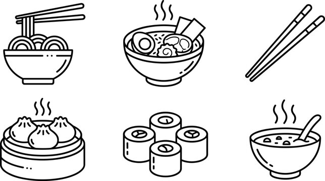 Asian Food Line Icons Set with Ramen, Dumplings, Sushi, Chopsticks and Traditional Cuisine\