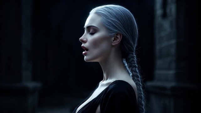 Side profile of a woman with silver hair in a fantasy style on a dark background, concept of mystery and elegance