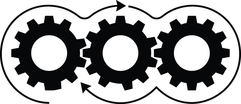 Black and white illustration of three interlocking gears, rotational arrows, mechanical motion transfer, machinery concept, engineering design, industrial system interaction