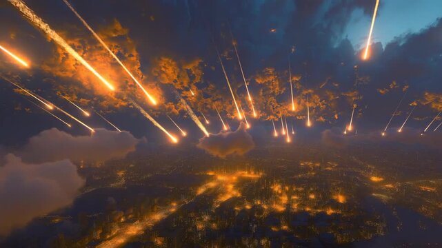Apocalyptic scene of a meteor falling toward a city, blazing through the sky with fiery trails, capturing Armageddon impact, destruction, and dramatic cinematic intensity.