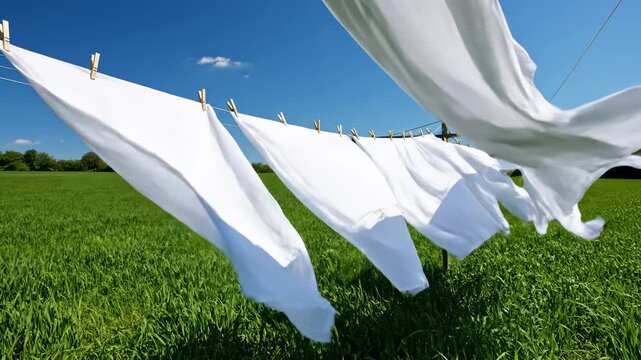 Bright white sheets flap joyfully on a clothesline, swaying in the fresh air of a sunlit day. Lush green grass surrounds the scene, enhancing the tranquil atmosphere of nature.