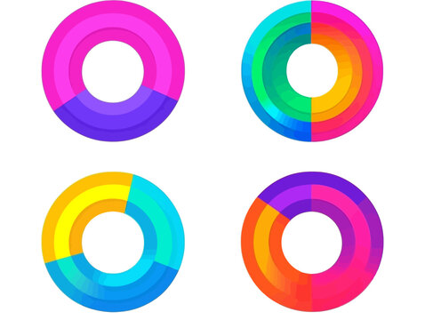 Four circular diagrams divided into segments of various vibrant color palettes, arranged on white