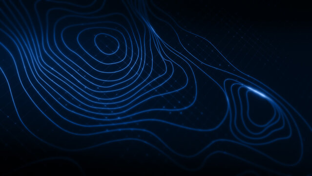 Futuristic holographic topographic environment featuring dynamic geomorphological terrain visualization, integrated into an advanced motion graphic user interface with a head-up display screen