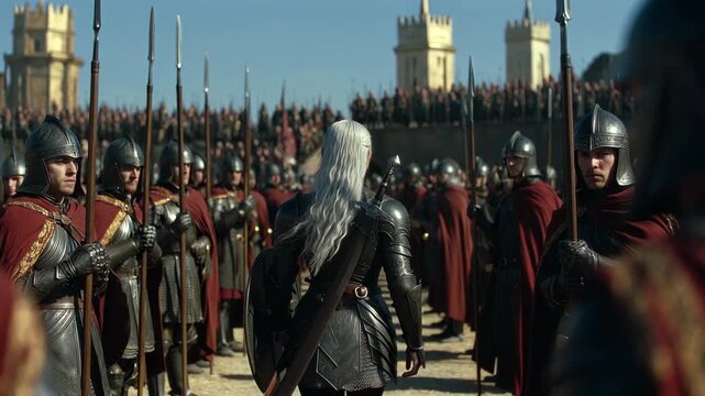 Medieval warrior facing ranks of armored soldiers in realistic style on background, concept of epic battle leadership