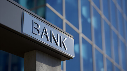 Fototapeta premium A low-angle close-up shot of a modern financial institution sign with the word 'BANK' in bold silver letters against a blue glass building facade