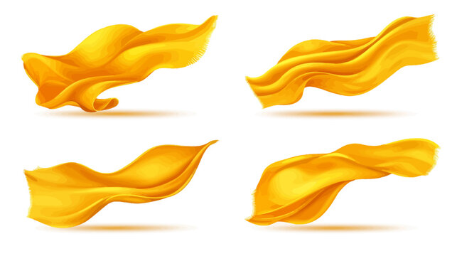 Four flowing garments in yellow, with different folds and effects, over a white background