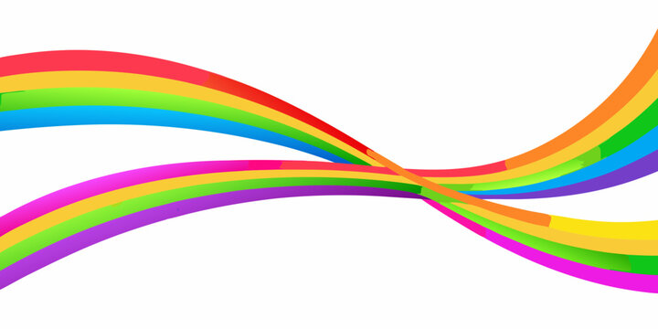 A vibrant flowing rainbow ribbon swirls against a clean white background
