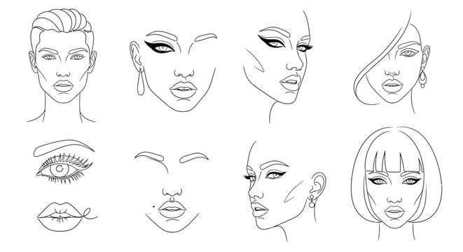 Fashion Face Chart Templates with Various Hairstyles and Makeup Styles