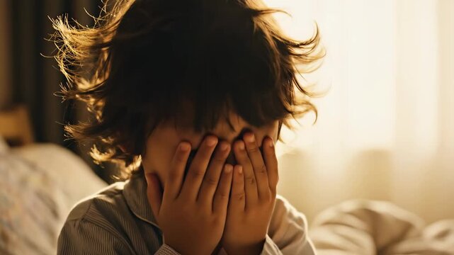 In a softly lit room, a young child expresses his morning emotions, cradling his face in his hands, drifting between sleepiness and waking moments filled with wonder and introspection.