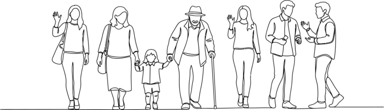 Diverse group of people in continuous line art style, representing different generations and interactions.
