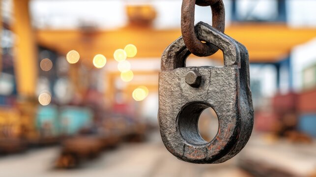 Close-Up of Rusty Hook and Industrial Equipment in Port Cargo Area with Blurred Background and Warm Ambient Light