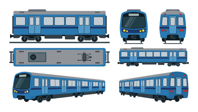 Blue Urban Subway Train, Multiple Views: Side, Front, Back, Top, and Angle