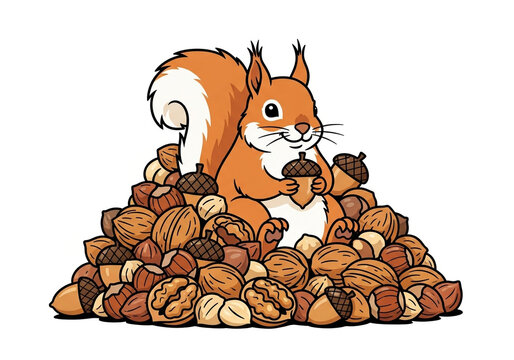 Cute cartoon squirrel sitting on a large pile of assorted nuts and acorns, holding one acorn, isolated on white background