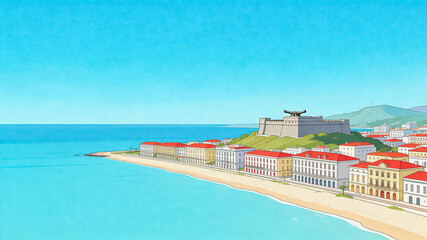 Fototapeta premium Coastal Town with Colorful Buildings and Fortress