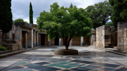 Obraz premium The large courtyard of an ancient Roman villa, with geometric patterns on the floor, walls of simple stone, and a tree in the middle of a large, empty space. 