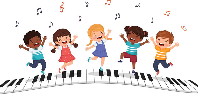 Joyful diverse children dancing and playing on a giant piano keyboard with musical notes.