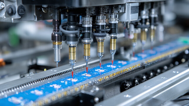 solder paste application on pcb with precision dispense nozzles in smart electronics production line and advanced industrial assembly environment